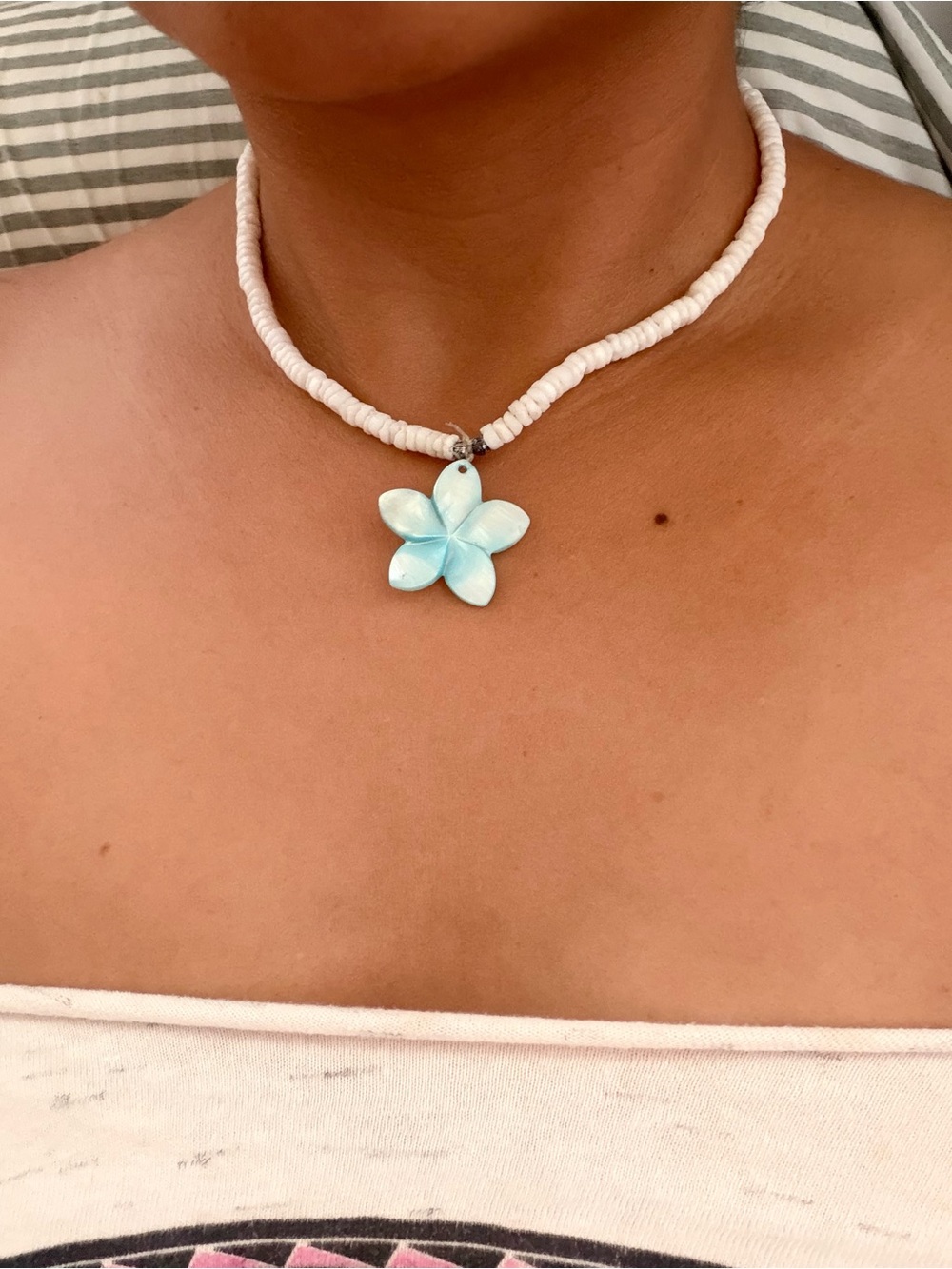 White Bead Necklace with Light Blue Flower Pendant